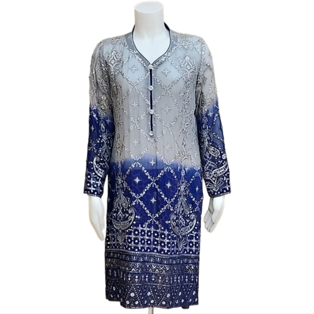 BOLLYWOOD Kurti Silk Dress Tunic L Embroidered DUBAI Custom Wedding Top Y2K - Picture 3 of 16